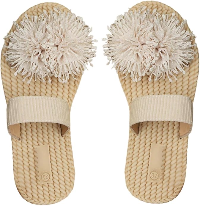 Women's 3D Floral Straw Double Strap Flat Sandals Braided Open Toe Summer Slippers
