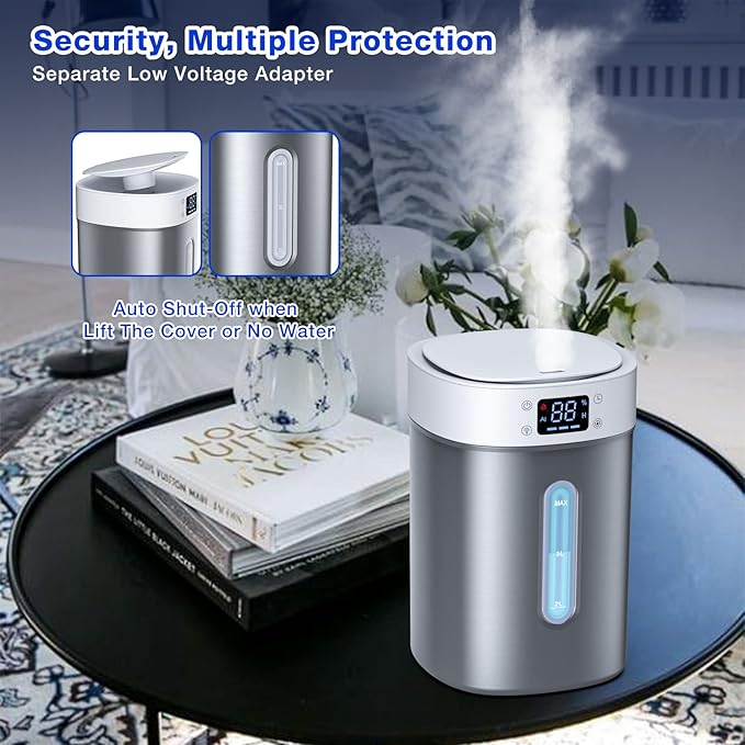 4L Ultrasonic Cool Mist Humidifier with 304 Stainless Steel Tank, Auto Humidity Control, Night Light, and Timer - For Large Rooms and Baby
