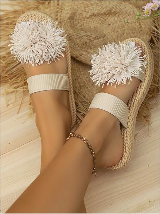 Women's 3D Floral Straw Double Strap Flat Sandals Braided Open Toe Summer Slippers