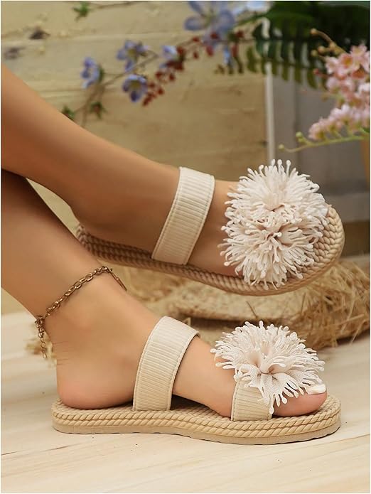 Women's 3D Floral Straw Double Strap Flat Sandals Braided Open Toe Summer Slippers