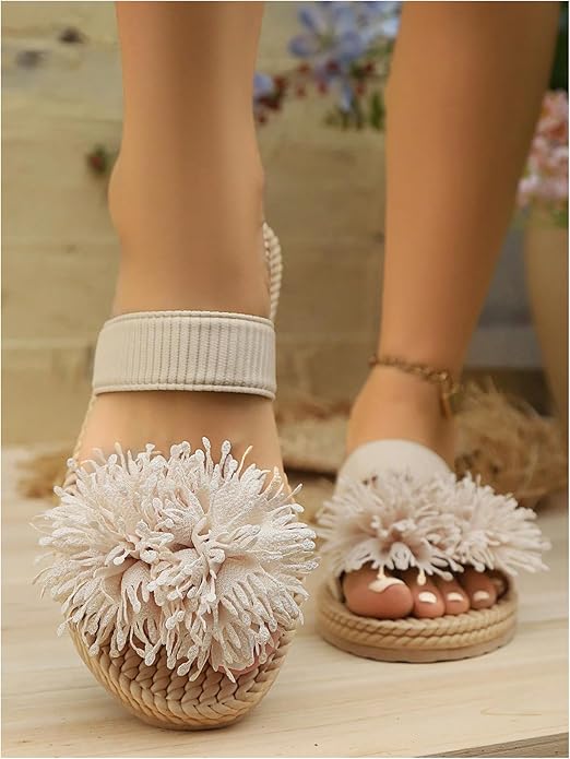 Women's 3D Floral Straw Double Strap Flat Sandals Braided Open Toe Summer Slippers