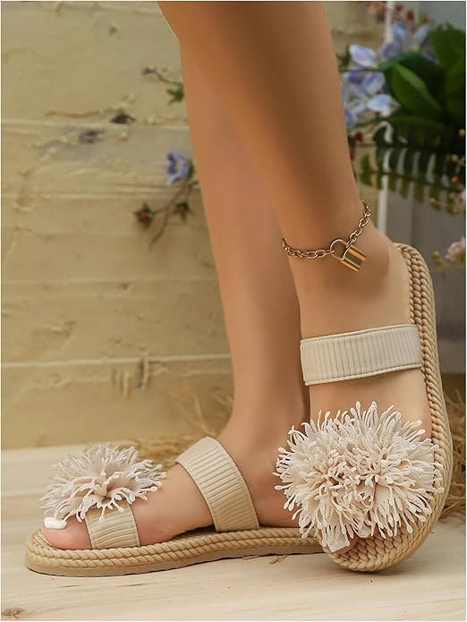 Women's 3D Floral Straw Double Strap Flat Sandals Braided Open Toe Summer Slippers